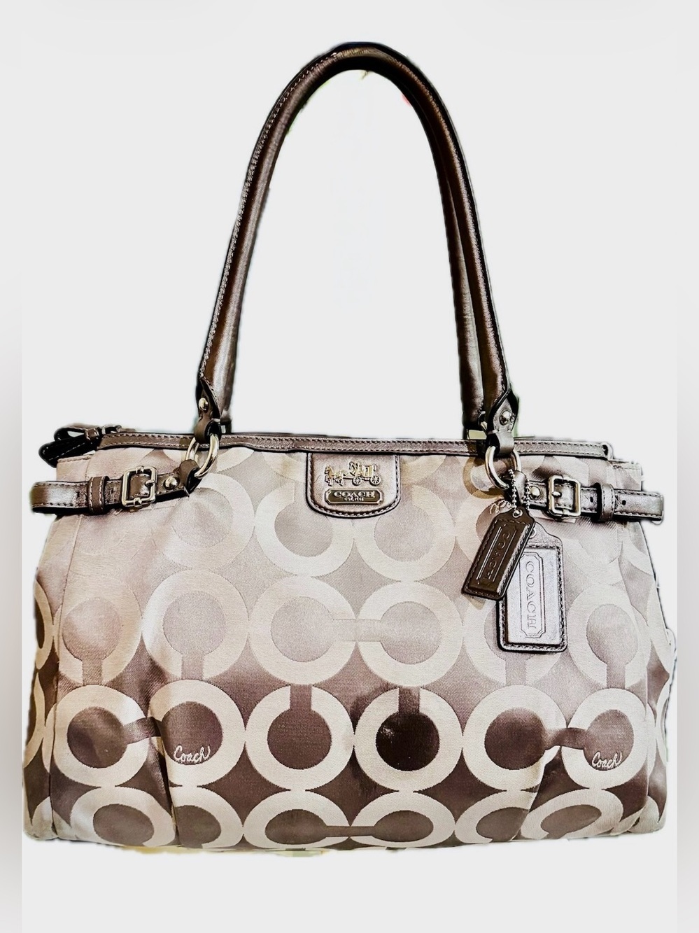 Coach Madison Op Art Kara Carryall Handbag 2012 Silver & Grey w 2-Hangtags - GUC
